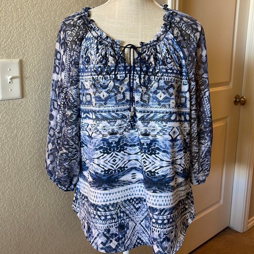 Dress Barn Blue White Women's Blouse Shirt Studs Rhinestones Sz Large Peasant